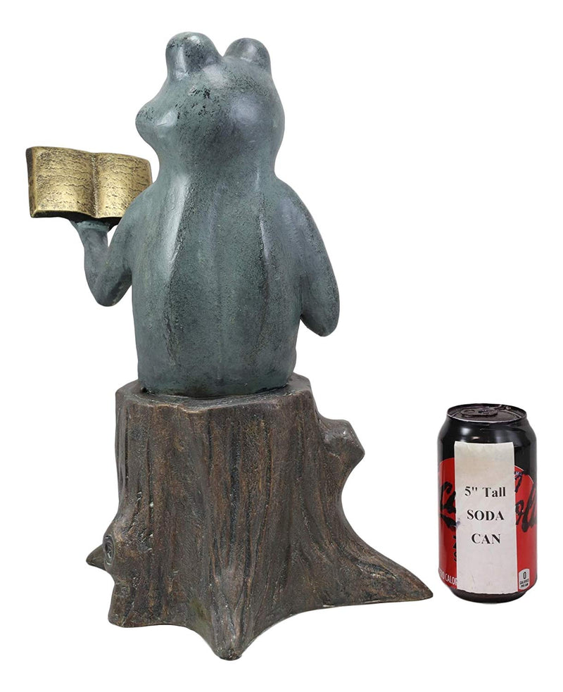 Ebros Gift 15" Tall Aluminum Metal Whimsical Bookworm Frog With Coffee Mug Cup Sitting On Tree Stump Garden Statue