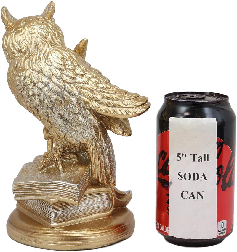 Ebros Golden Owl Of Bibliography Figurine Wisdom Of The Woods Wise Great Horned Owl With a Pen Feather Writing On A Stack Of Scholarly Books Collectible Statue With Glitters Accent Decor Of Owls Theme