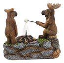 Ebros Rustic Elk Moose Father & Son Making Smores On Twig By Bonfire Night Light