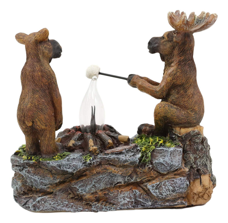 Ebros Rustic Elk Moose Father & Son Making Smores On Twig By Bonfire Night Light