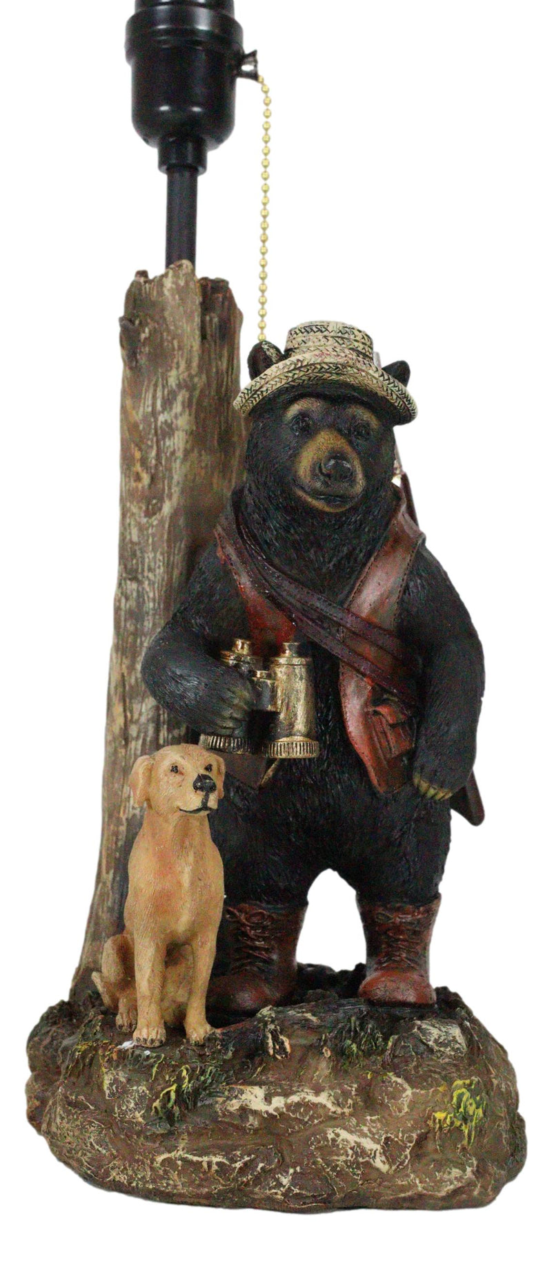 Rustic Forest Hunting Dog And Black Bear With Rifle and Binoculars Table Lamp