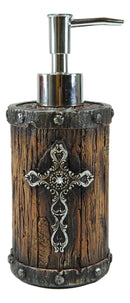 Rustic Western Scroll Filigree Silver Cross Faux Wood Liquid Soap Pump Dispenser