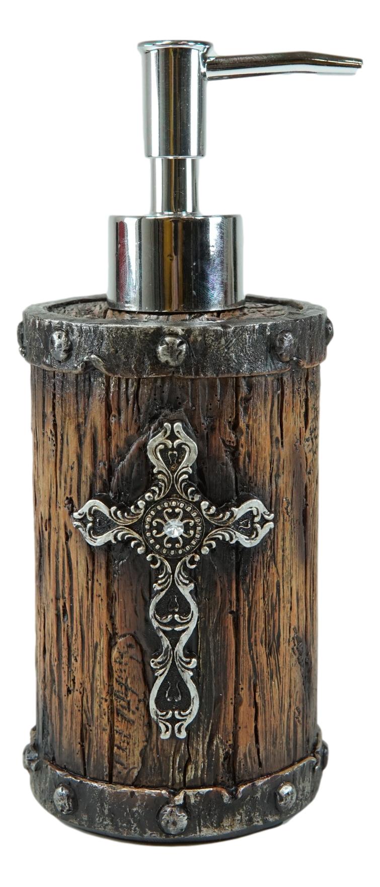 Rustic Western Scroll Filigree Silver Cross Faux Wood Liquid Soap Pump Dispenser
