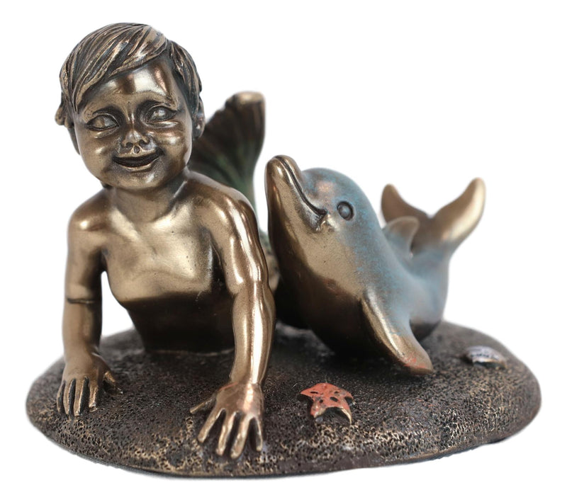 Ebros Merbaby Dolphin Figurine 3.75" L Small Mermaid Baby Playing with Dolphin