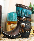 Rustic Western Tooled Leather Lace Patterns Boot Floral Vase With Blue Fringes