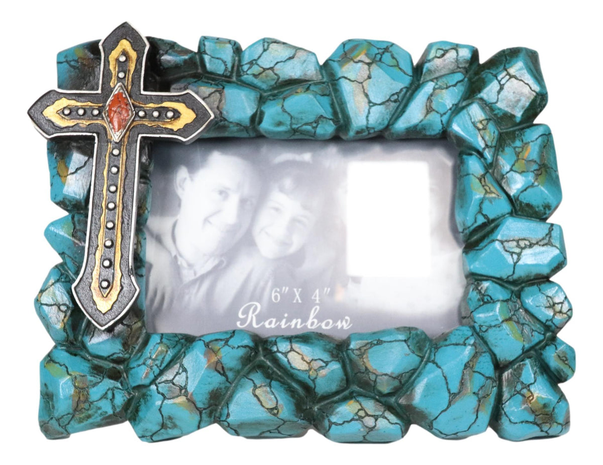 Rustic Western Turquoise Rock Stones With Vintage Cross Photo Picture Frame