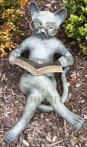 Outdoor Garden Bookworm Feline Cat With Glasses Enjoying The Weather Statue