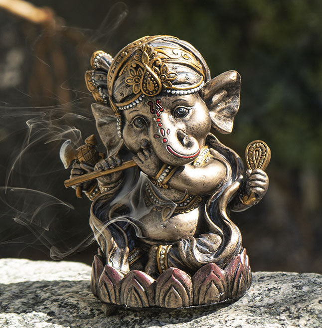 Hindu God Ganapati Baby Ganesha Playing Flute On Lotus Backflow Incense Burner
