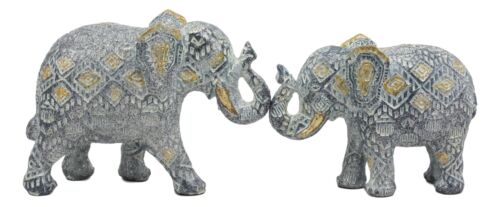 Ebros Silver and Gold Patterned Elephant Statue 5.25" Long Feng Shui Elephant Figurine Symbol of Wisdom Fortune and Protection (Mother and Calf Elephants Set)