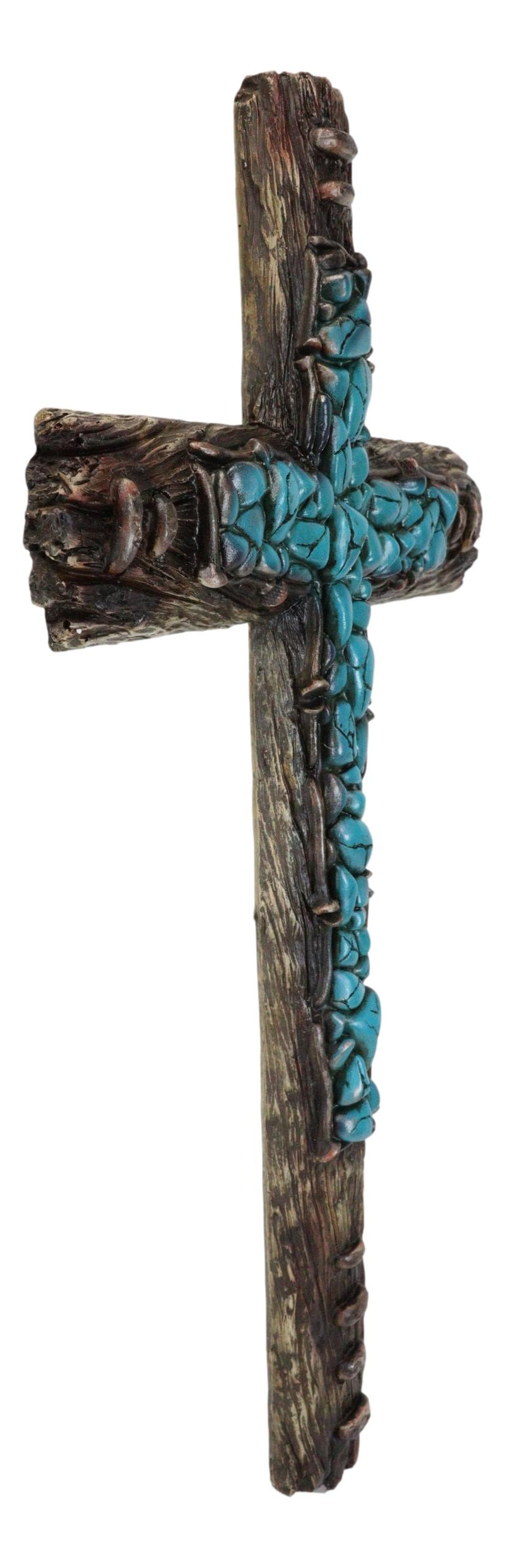 Rustic Western Turquoise Rocks Layered On Faux Driftwood Wall Cross Decor