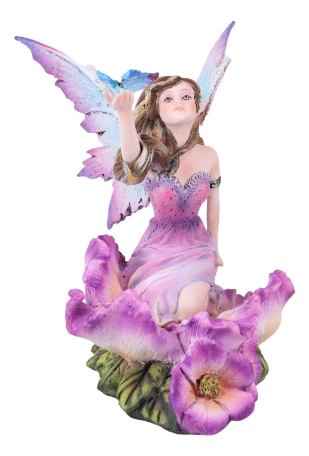 Whimsical Fantasy Fuchsia Pink Flower Fairy With Blue Butterfly Figurine