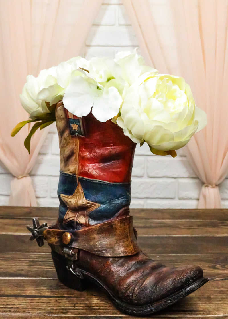 Rustic Western Star Texas Patriot Flag Cowboy Boot With Spur Floral Vase Planter