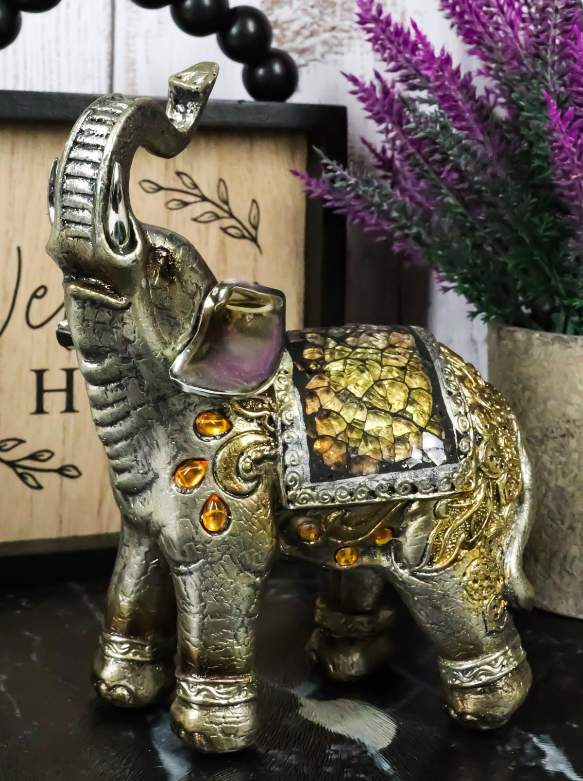 Ebros Bejeweled Mosaic Left Facing Feng Shui Elephant With Trunk Up Statue 6"H