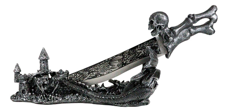 Fantasy Skull Bones Letter Opener Dagger With Gothic Dragon Castle Base Stand