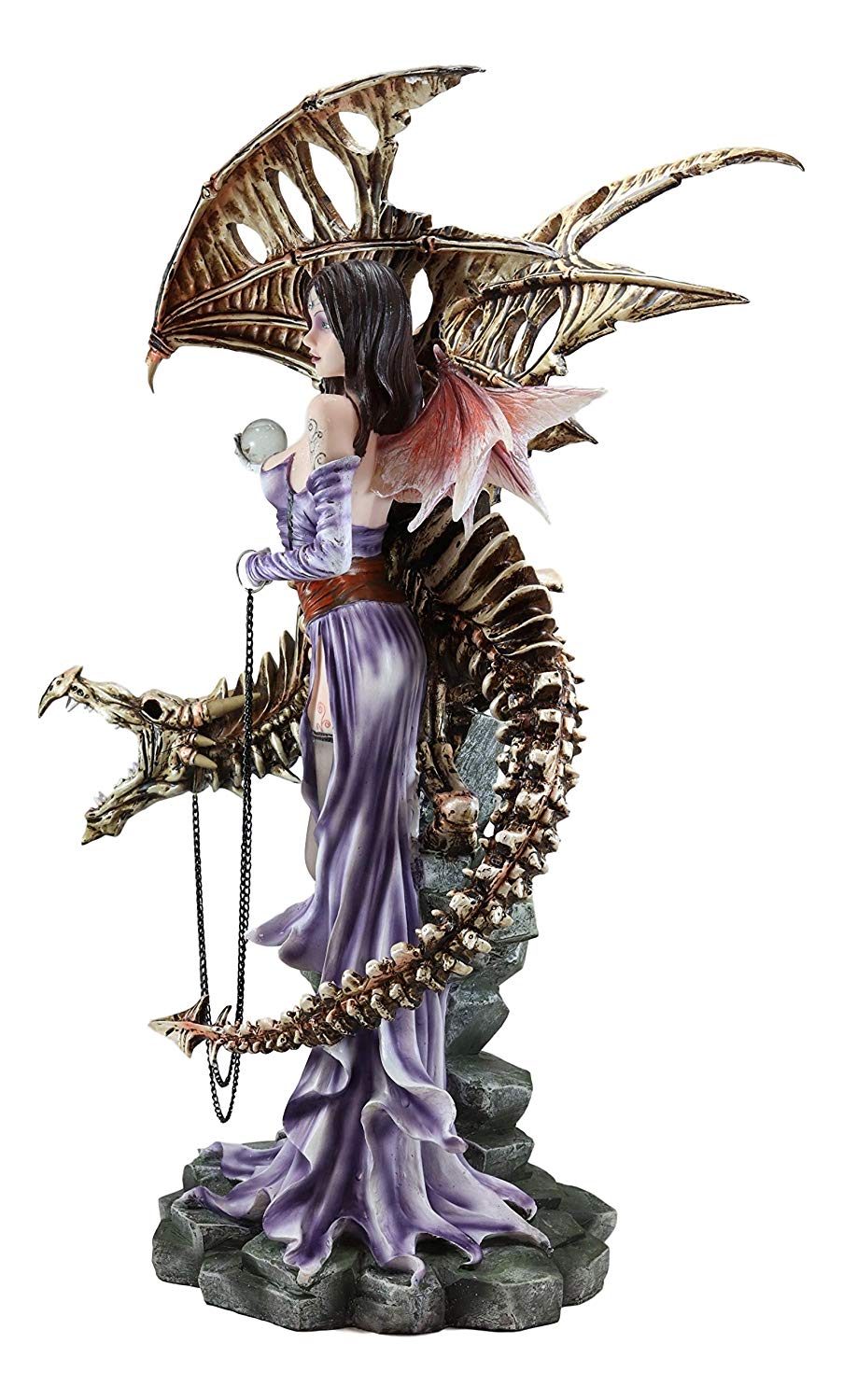 Large 25"H Goth Vampire Fairy In Night Gown With Chained Skeleton Dragon Statue - Ebros Gift