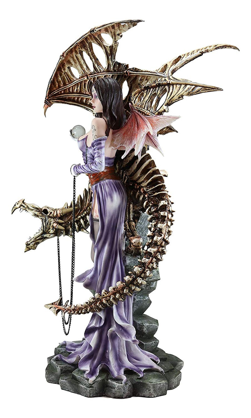 Large 25"H Goth Vampire Fairy In Night Gown With Chained Skeleton Dragon Statue