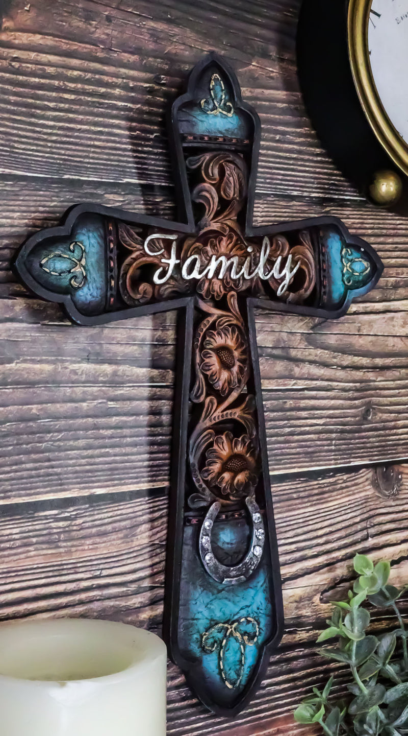 Western Family Tooled Tuscan Fleur De Lis Floral Scrollwork Horseshoe Wall Cross