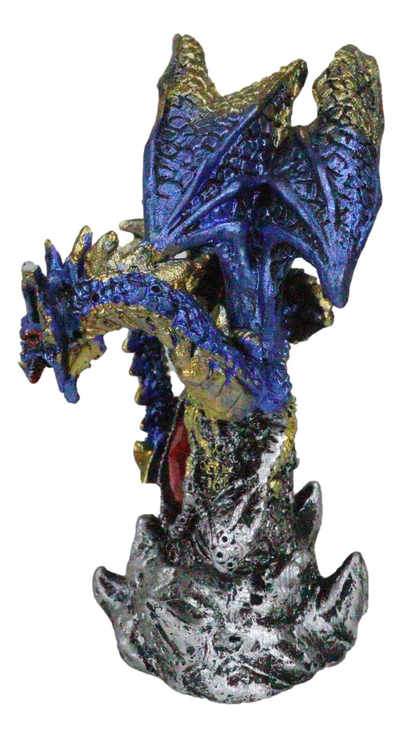 Blue Rune Dragon Guarding Ancient Relic Ruins With Red Crystal Gem Figurine