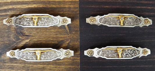 Set Of 4 Western Longhorn Cattle Bull Lace Concho Drawer Cabinet Bar Pulls 6"L