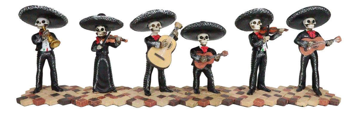 Day Of The Dead Black Mariachi Band Folk Musician Skeleton Figurines Set of 6 - Ebros Gift