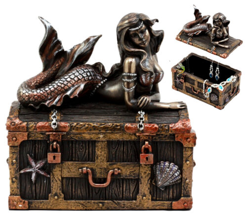 Bronzed Mermaid Nerida Resting On Sunken Treasure Jewelry Box Figurine 5.25"L