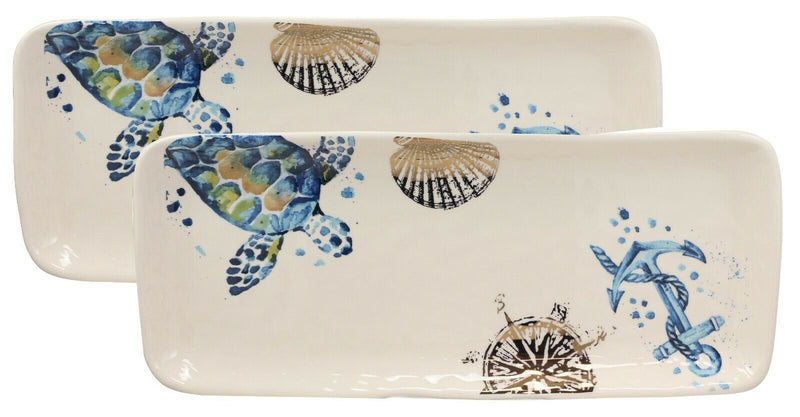 Marine Sea Turtle Compass Anchor & Shell Ceramic Serving Platter Trays Set Of 2