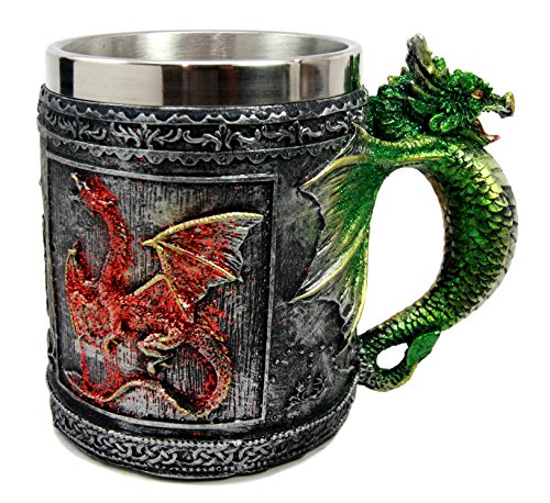 Ebros Fire and Earth Dual Dragon Beer Stein Tankard Coffee Cup Drink Mug 4.25"H
