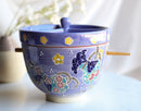 Purple Floral Sky Ramen Bowl With Tempura Divider Condiment Lid Chopsticks Set