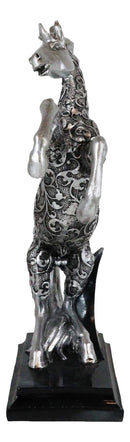Ebros Silver Vine Engraved Bucking Stallion Horse On Hind Legs Figurine 12"H