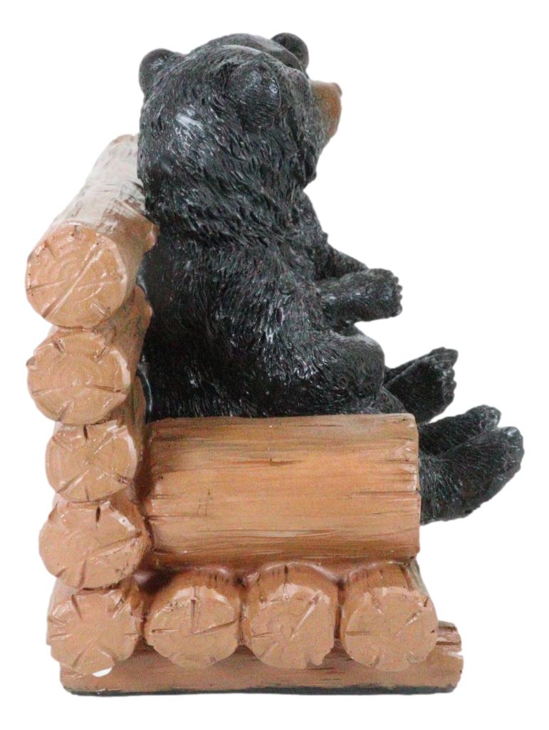 Rustic Whimsical Forest Black Bear Siblings Kissing By Tree Logs Bench Figurine