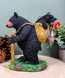 "Gone Fishing" Mother Black Bear With Cub In Fishing Backpack Statue Wildlife