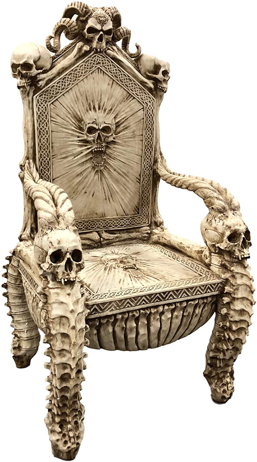 56"H Fantasy Underworld White Walker Skeleton Spines & Bones Skull Throne Chair