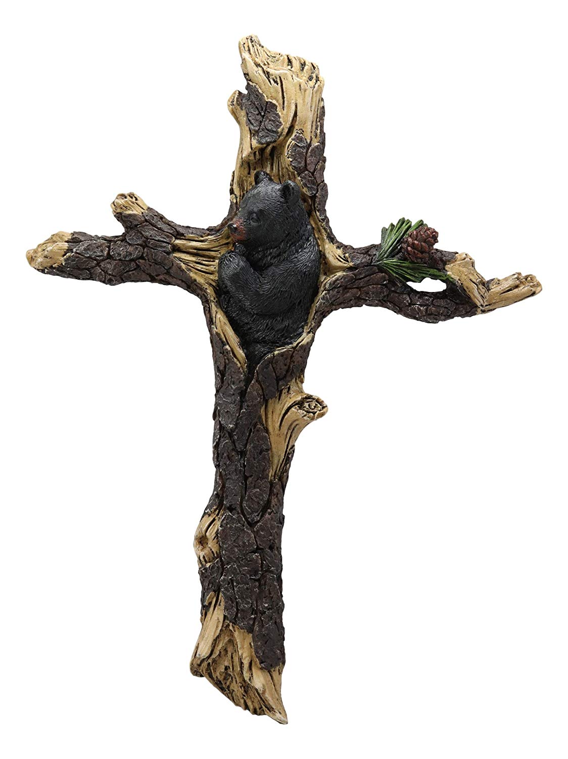 Ebros Gift 14.25" H Rustic Black Bear Cub Sleeping On Pine Tree Wall Cross Decor - Ebros Gift