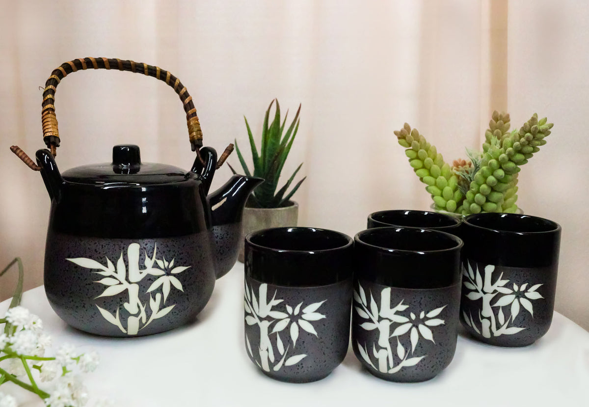 Charcoal Black Japanese Bamboo Grove Ceramic Tea Set Teapot And 4 Cups Drinkware - Ebros Gift