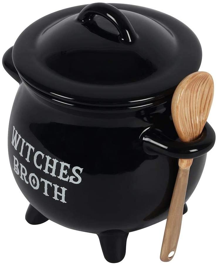 Witches Broth Cauldron Ceramic Bowl with Broom Spoon - Ebros Gift