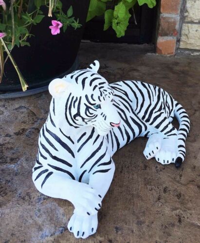 Large Siberian Ghost White Tiger Resting 15.5" Long Statue Home Garden Decor