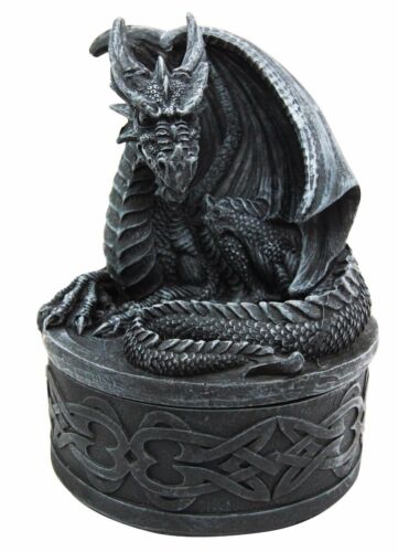 Celtic Knotwork Fantasy Fiery Dragon Guardian Round Decorative Trinket Box