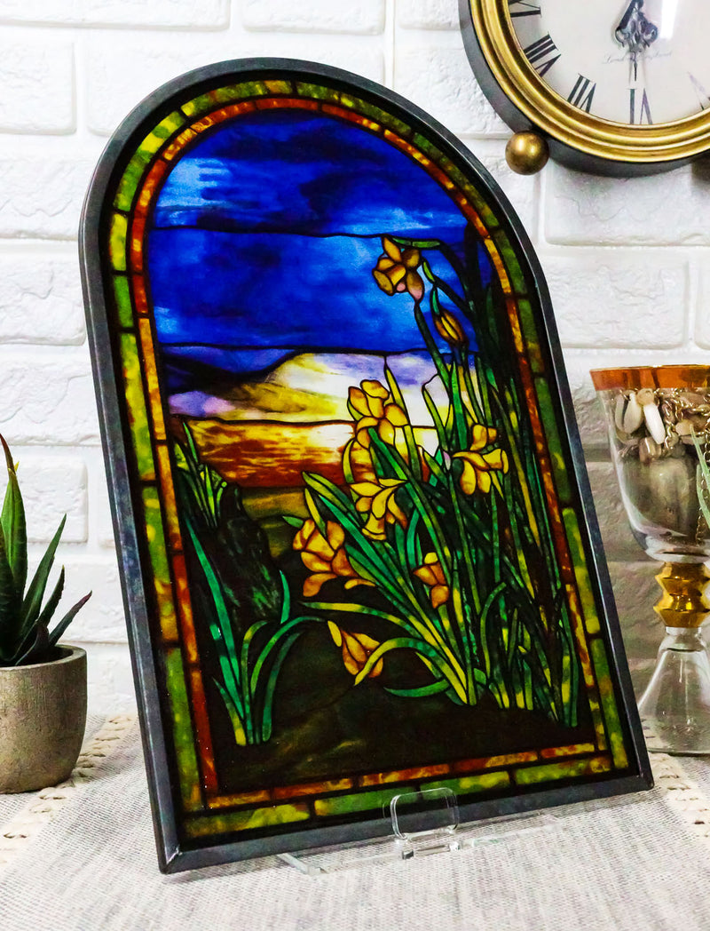 Louis Tiffany Daffodils Oyster Bay Stained Glass Art Panel Wall Or Desk Plaque