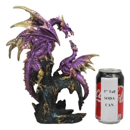 Metallic Purple Mother Dragon With Baby Family Statue 10.5"H Fantasy Home Decor - Ebros Gift
