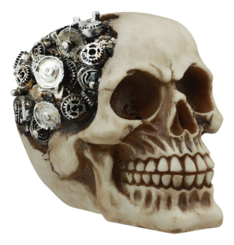 Ebros Steampunk Cyborg Protruding Gearwork Human Skull Statue Sci Fi Clockwork Gear Design Skeleton Cranium Figurine