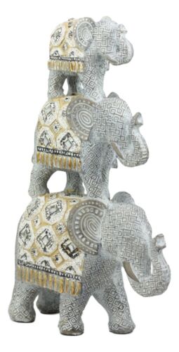 Ebros Silver Animal Totem Pole Stacked Elephant Statue W/ Unique Tapestry Design