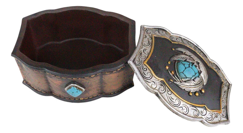 Southwest Turquoise Rocks Indian Feathers Tooled Leather Decorative Jewelry Box