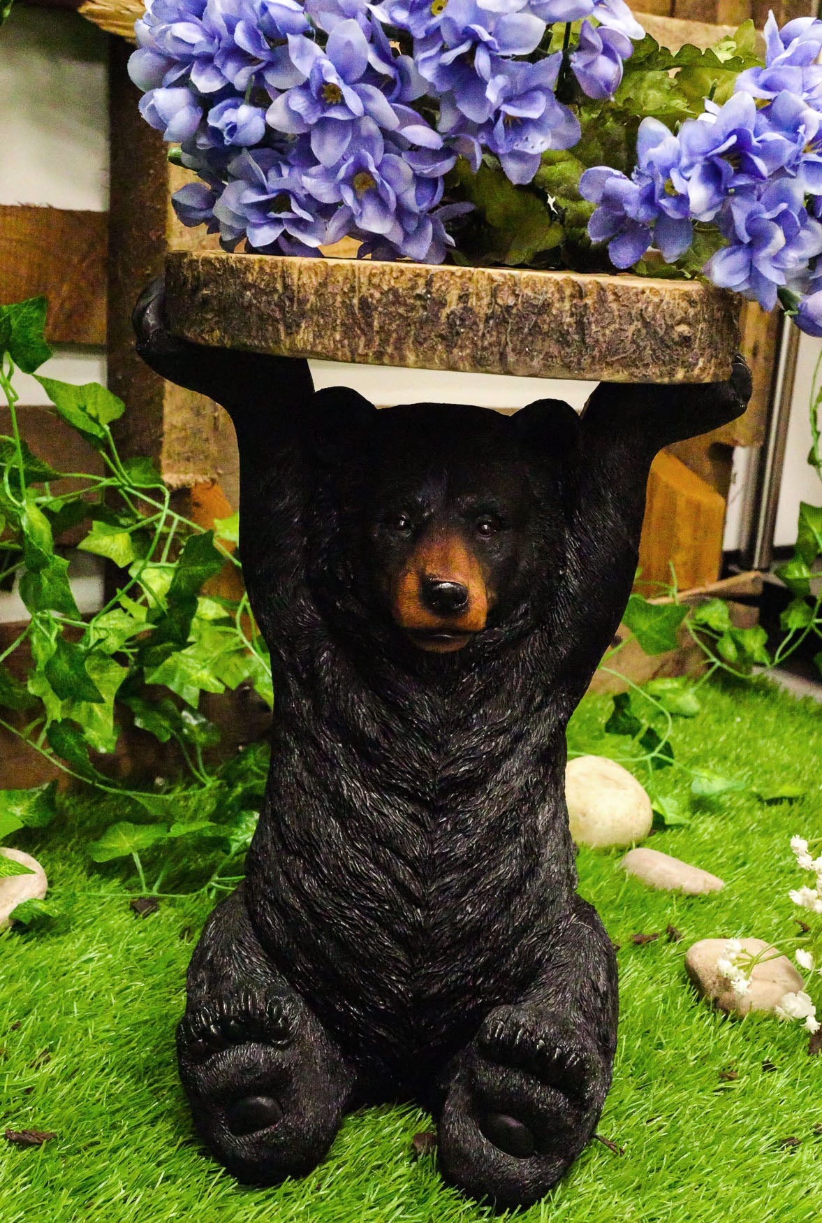 Rustic Western Black Bear Cub Holding Faux Wood Slice Table Stand Figurine