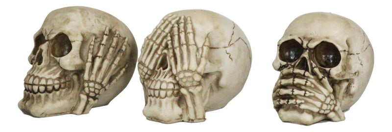 Graveyard Humor Gothic See Hear Speak No Evil Grinning Skulls Figurine Set Of 3