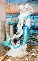 Nautical Capiz Blue Tailed Siren Mermaid Listening To Sea Conch Statue 11.75"H