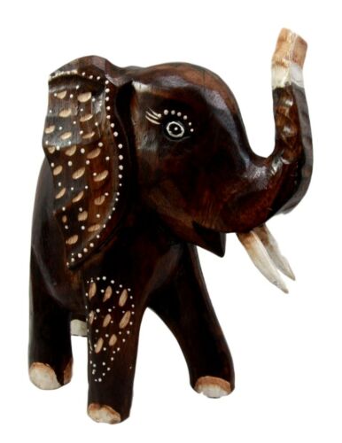 Balinese Wood Handicrafts Safari Jungle Elephant With Trunk Up Figurine 10"H