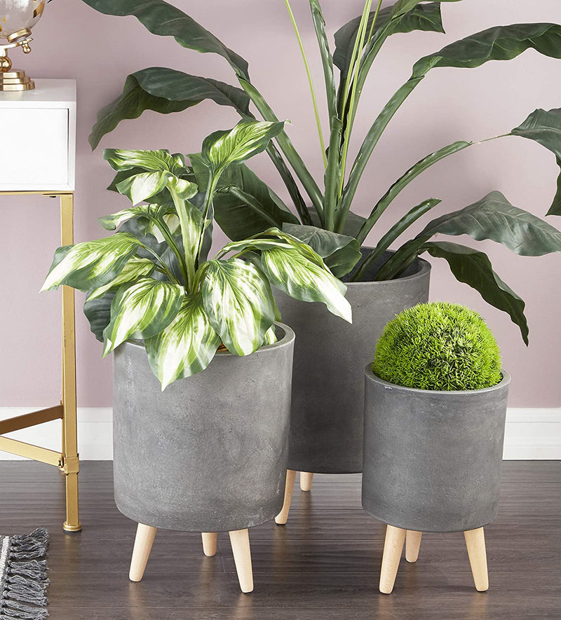 plant pot feet grey Set of 3 Contemporary Grey Fiber Clay Cylindrical Planter Pots With Wo– Ebros Gift