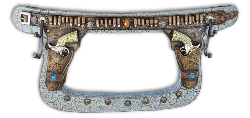 Western Dual Pistols In Holster Faux Tooled Leather Wall Mirror W/ Towel Hooks
