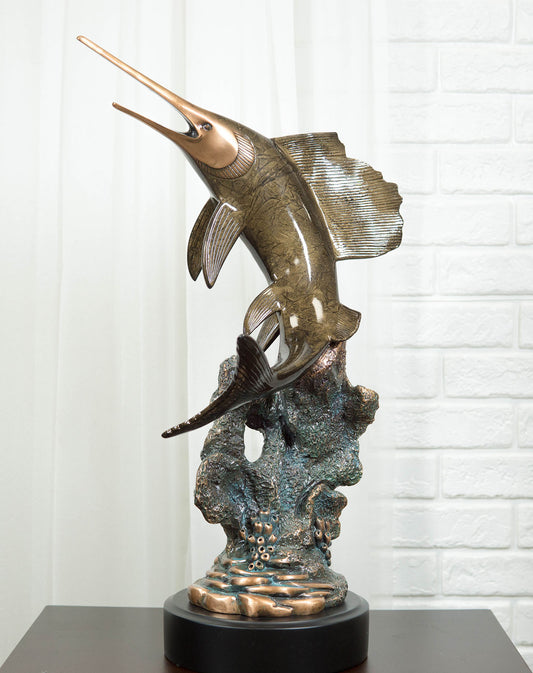 Ebros Large Nautical Marine Sailfish By Coral Reef Electroplated Bronze Statue - Ebros Gift