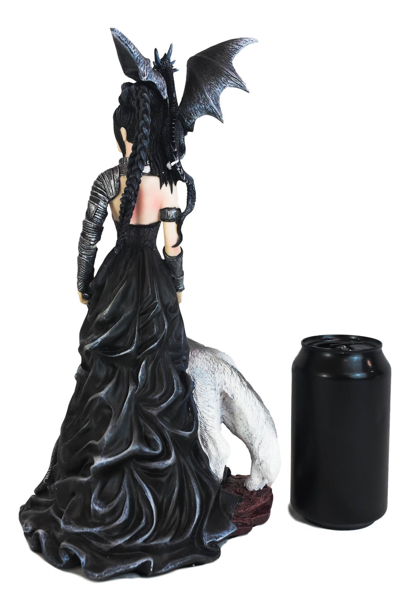 Gothic Maestra Maleficent Witch Fairy With Alpha Wolf and Black Dragon Statue